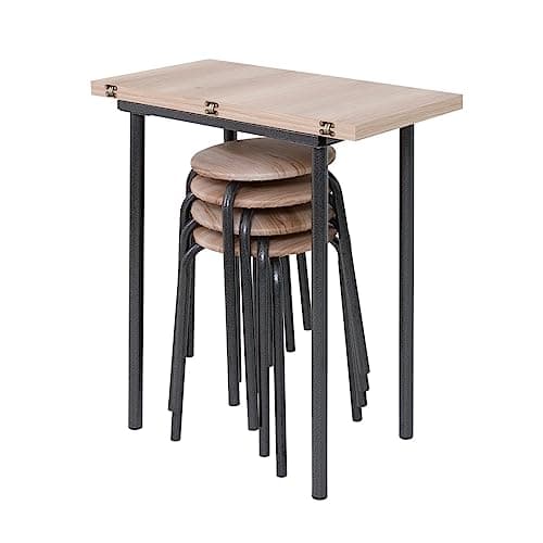 CONJUNTO JOGO MESA DOBRÁVEL COZINHA SALA JANTAR CIPLAFE EXPERT TUBO CRAQUEADO PRETO COM 4 BANQUETAS TAMPO MADEIRA LAMINADA ASSENTO ESTOFADO