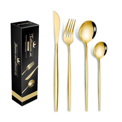 Jogo de Talheres 16 Peças Dourado, Conjunto de Talheres em Aço Inoxidável com Acabamento Ouro, Faqueiro Elegante para Presentes e Jantares Especiais