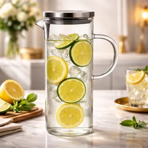 Jarra de Vidro com Tampa em Aço Inox, 1,1 Litro, Transparente, com Alça Ergonômica e Bico Direcionador