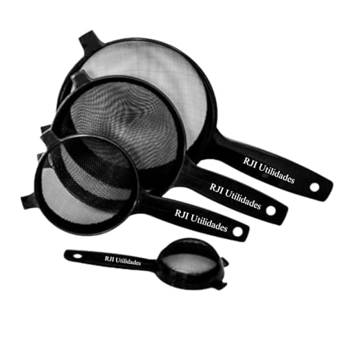 Kit Peneiras Cozinhas Coador, 4 tamanhos, Pequeno Médio Grande Extra Grande Trama Malha Resistente Reforçada - RJI Utilidades (Preto)