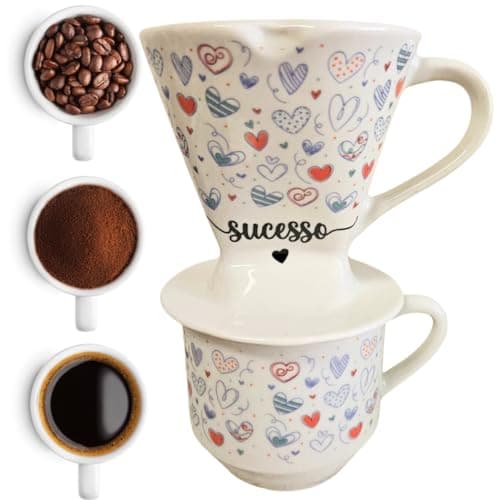 Conjunto de Caneca e Coador de Café de Porcelana, Estampa Corações, Vermelho e Azul