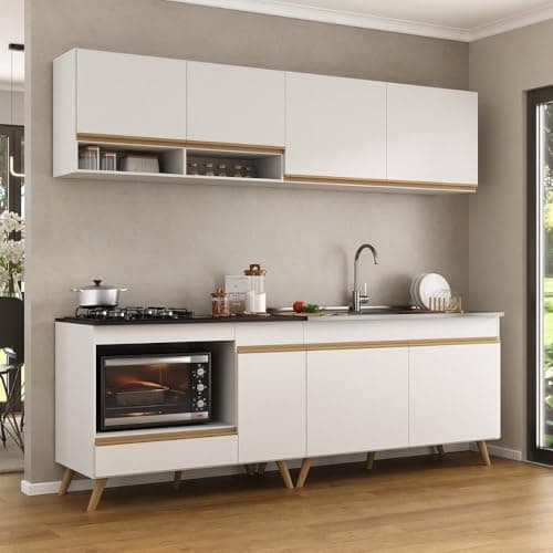 Multimóveis Armário de Cozinha Modulada Compacta 4 Pçs com Balcão para Cooktop Veneza Mp2264 Branco/Dourado 225 x 203 x 53 cm