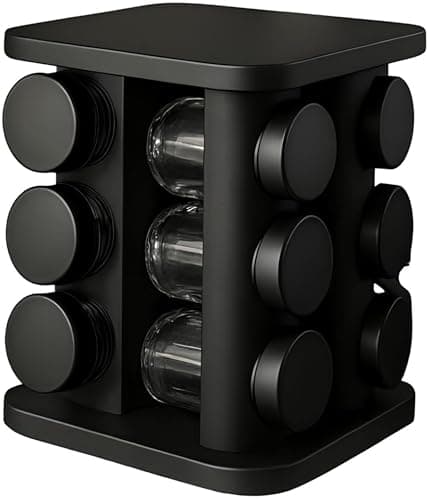 Porta Temperos Giratório com 12 Potes de Vidro 85ml com Tampa Inox Premium – Organizador de Condimentos Preto para Cozinha, Suporte Giratório Resistente para Armazenamento de Temperos e Especiarias