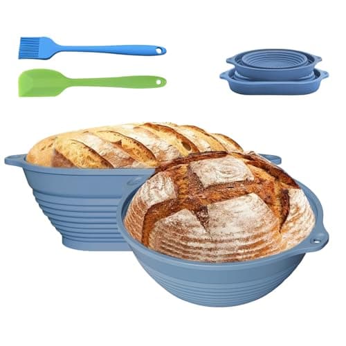 Cestos de Prova de Pão de Silicone, 1 Redondo & 1 Oval Dobrável Cesta de Cozimento de Sourdough, Conjunto Completo para Fazer Pão Com Ferramentas Essenciais, Fácil de Limpar e Armazenar