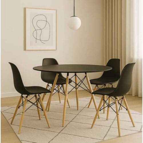 Mesa De Jantar Redonda 90cm Para 4 Lugares Com Base Madeira Estrutura Metálica Moderna(Preto)