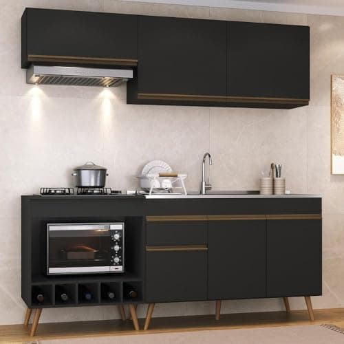 Multimóveis Armário Cozinha Modulada Compacta c/Gabinete p/Pia e Balcão p/Cooktop Veneza MP3775 Preto/Dourado 190 x 203 x 53 cm