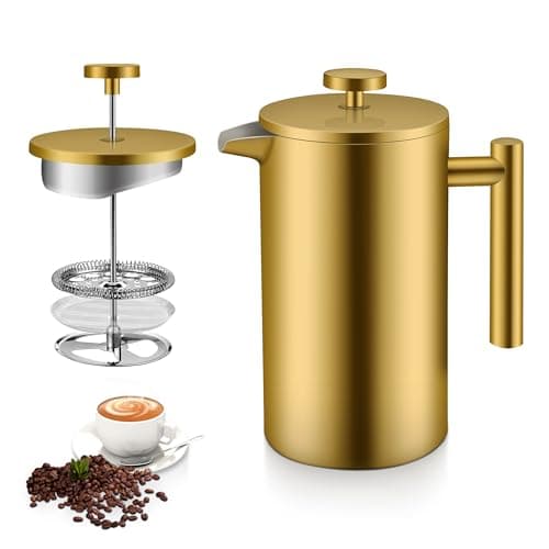 Cafeteira De Prensa Francesa De Aço Inoxidável 304, Prensa Francesa De 1000ML Com Filtro De 3 Camadas, Ouro