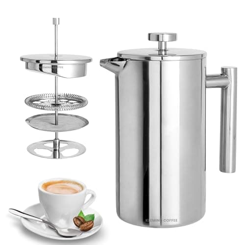 Cafeteira de Prensa Francesa com Parede Dupla em Aço Inoxidável 304, para Retenção Superior de Calor, 800 ml, Filtragem Perfeita, Prata, KLEMING COFFEE