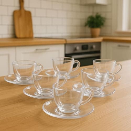 Jogo de Xícaras de Vidro com Pires 90ml – 12 Peças para Café, Chá ou Cappuccino– Elegância e Sofisticação para Sua Mesa.