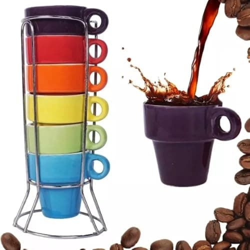 Kit Conjunto Jogo de 6 Xícaras de Café e Chá 50ml em Porcelana Coloridas 6 Unidades Empilháveis com Suporte Organizador Pode Ir ao Micro-ondas Cantinho do Café