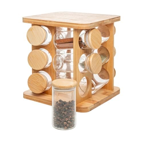 WOLFF - Conjunto 12 Potes em Borossilicato com Tampa Hermética e Rack Giratório em Bambu 120ml - Porta temperos com suporte