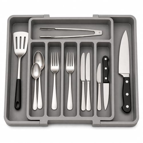 Organizador De Talheres Expansível Ajustável 33 A 57Cm Para Gaveta Porta Utensílios Cozinha Com 8 Divisórias Resistente Antiderrapante Cinza Premium
