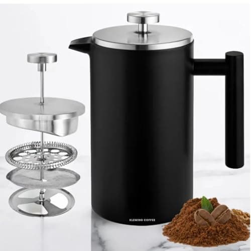 KLEMING COFFEE |Cafeteira de Prensa Francesa com Parede Dupla em Aço Inoxidável,700 ml, Térmica, 60 MinutosTempo de Preservação do Calor, Filtragem Perfeita, Aço Inox 304. Preta com Tampa Prata |