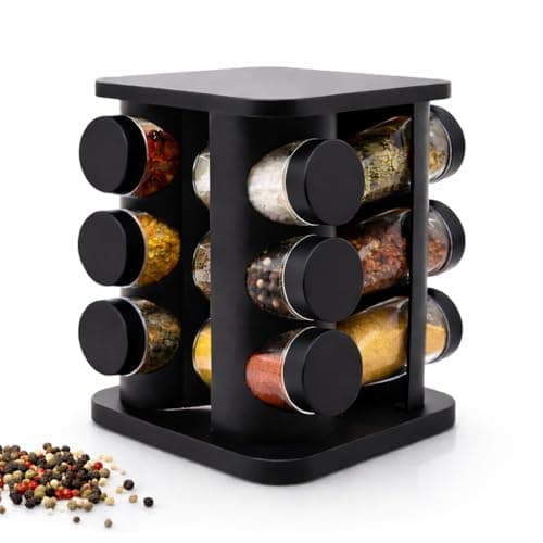 Porta Temperos Giratório com 12 Potes de Vidro 85ml Premium - Organizador de Condimentos Preto Suporte Giratório 360° Resistente Moderno para Cozinha Armazenamento Prático de Temperos Especiarias