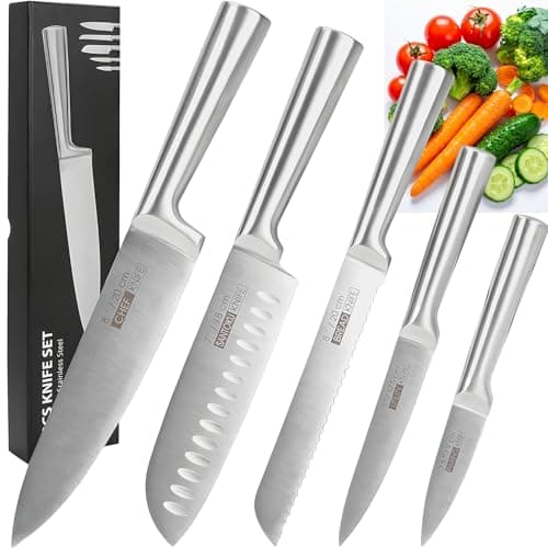 Jogo de 5 Facas Inox 4Cr13 | Conjunto de Facas de Cozinha Profissional Aço Inoxidável | Design Ergonômico e Resistente à Ferrugem, Ultra Afiadas e Precisão Suíça, Lâminas Inteiriças, Facas Premium