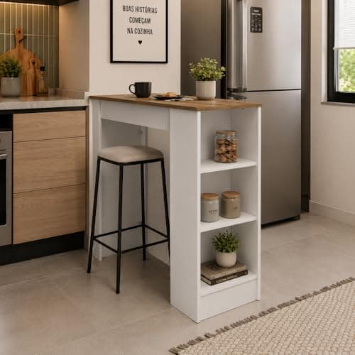 Bancada de Cozinha Ilha Gourmet Americana 2 Prateleiras 90cm Linha Bologna Cor Branco/Mel - Mademovel