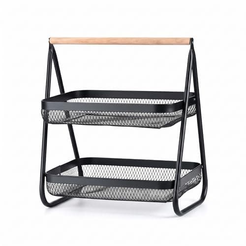 Fruteira de Bancada 2 Andares Aramada em Metal Mesh com Alça de Madeira – Cesto Organizador de Frutas e Legumes para Cozinha Premium