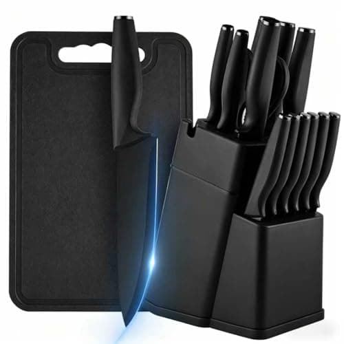 EKROTOK Conjunto de Faca de Cozinha 15 peças com Tábua de Corte e Bloco, Jogo de Facas de Aço Inoxidável 3cr13 (Preto)