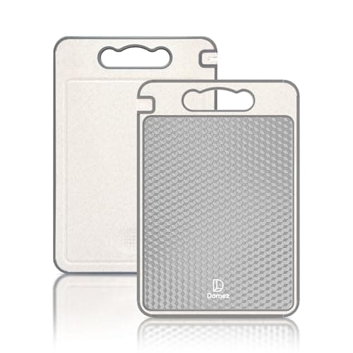 DOMEZ Tábua de Corte Inox para Cozinha Dupla Face Aço Inoxidável e PP, Superfície Higiênica para Carnes e Vegetais, Afiador Integrado, Canaletas Antirrespingo, Base Antiderrapante e Alça Ergonômica