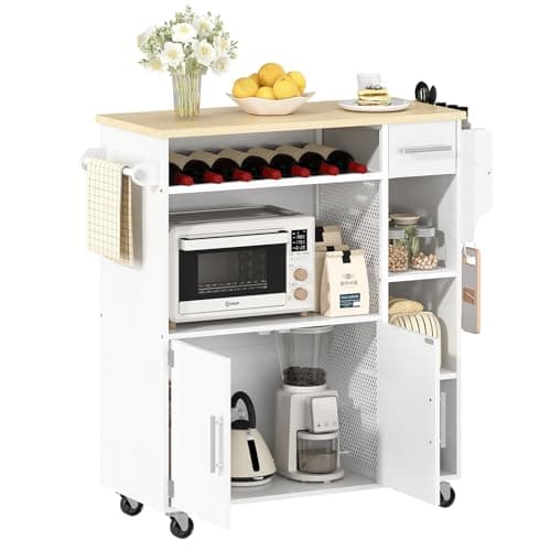 Balcão para Cozinha, Móveis Cozinha com Rodas e Armários de Armazenamento, Multifuncional com Suporte para Microondas e Porta-Garrafas, Cor Branco