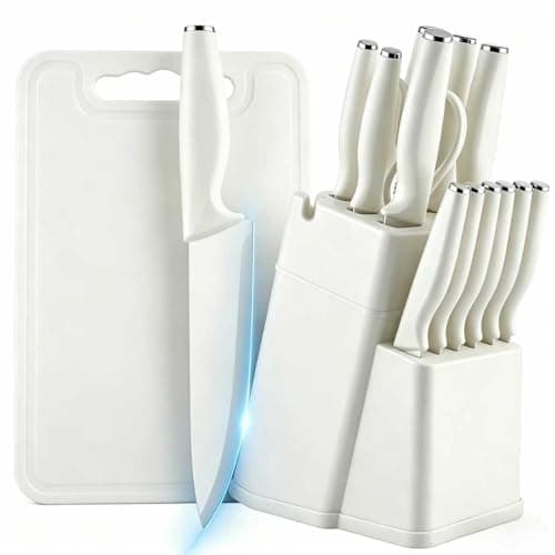 EKROTOK Conjunto de Faca de Cozinha 15 Peças com Tábua de Corte e Bloco, Jogo de Facas de Aço Inoxidável 3cr13, Branco