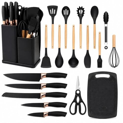 Kit Utensílios 19 Peças em Silicone para Cozinha, + Facas, Antiaderante, Resistente ao Calor, Cabo de Madeira, Livre de BPA - Organizador Compacto Sofisticado, Conjunto Completo (Preto)
