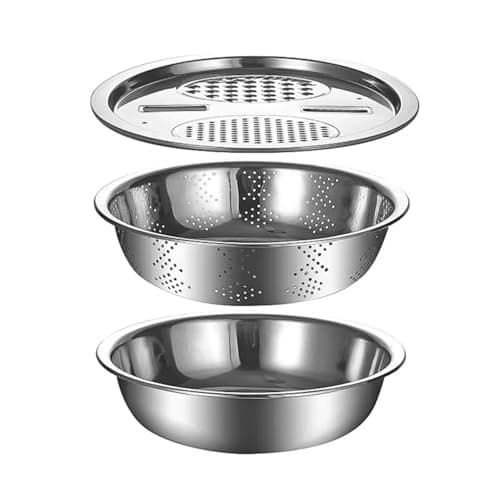 Kit 3 em 1 Ralador, Escorredor e Tigela Coletora em Aço Inoxidável, 23,5cm de Diâmetro, Multifuncional para Legumes, Frutas e Queijos