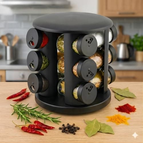 Porta Tempero Condimento Giratório 12 Potes de Vidro – Organizador de Temperos e Condimentos para Cozinha, Base 360° Rotativa, Compacto, Prático, Elegante e Funcional para Mesa e Despensa
