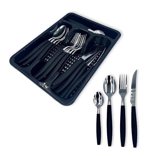 Jogo de Talheres 24 Peças em Aço Inox Preto com Organizador – Faqueiro Conjunto de Talheres com Facas, Garfos e Colheres