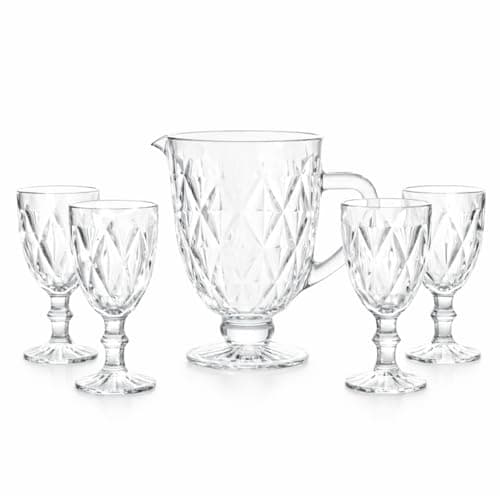 Jogo de Jarra De Vidro Diamante 1,2L 4 Taças 330ml Transparente Água Suco Conjunto Kit Mesa Posta Área Gourmet Suco Drinks Buffet Restaurante Bar Eventos Presente