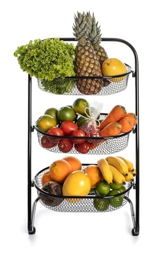 Metaltec Fruteira De Chão Em Aço Resistente Com Rodinhas Multiuso Carrinho Organizador 3 Cestos para Cozinha Reforçado - Preto