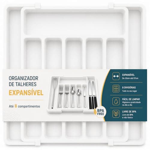 Organizador de Gaveta Expansível, Bandeja para Talheres com 8 Divisórias, Plástico Resistente, Branco, Grande