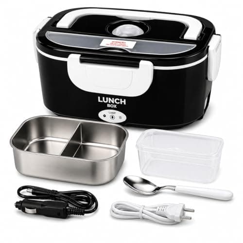 Marmita Elétrica Portátil 1,5L Inox com Divisórias e Tampa Hermética Bivolt + Veicular 12V | Pote Térmico Aquece Rápido | Kit Lunch Box para Trabalho, Carro e Viagens