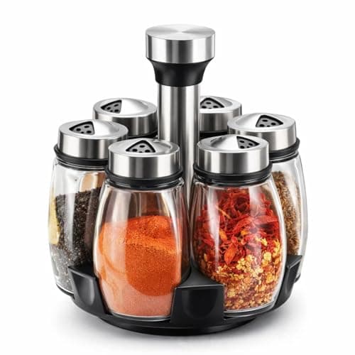 Porta Condimentos Giratório com 6 Frascos de Vidro e Suporte em Inox, Porta Temperos de Mesa para Cozinha, Acabamento Moderno, Alta Durabilidade