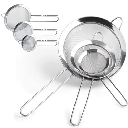 Jogo 3 Peneiras em Aço Inox Resistente Luxo Para Coar Polvilhar Versátil, Durável, com Suporte para Panelas e Travessas, Resistente a Temperaturas e de Fácil Manuseio PRÓODOS
