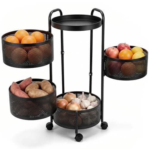 Decolab Fruteira Carrinho Organizador Móvel Multiuso Aço Carbono | Cestos Redondos Articulados com Prateleira para Cozinha Banheiro Lavanderia | Rodinhas Rotativas (Preto, 4 Andares)