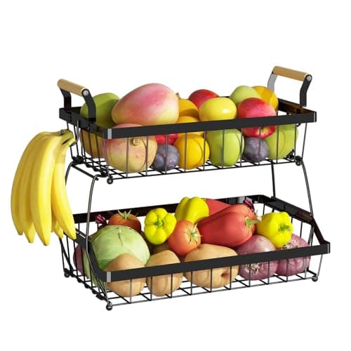 Fruteira Cesto de Mesa 2 Andares em Metal Preto com Alça de Madeira pequena – Cesta Organizadora de Frutas Decorativa para Cozinha e Sala,Fruteira De Mesa Organizador De Frutas (2 Níveis com Alça)