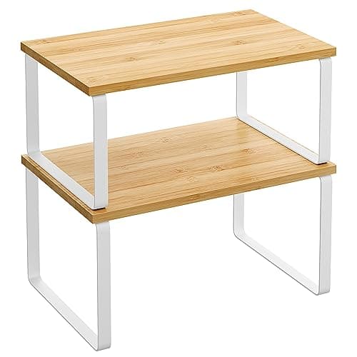 SONGMICS Prateleira de Temperos, Kit com 2 Organizadores de Armário, Prateleira de Cozinha Expansível, Porta-Temperos Empilhável, Branco Nuvem e Bege Natural BRKCS02NWV1
