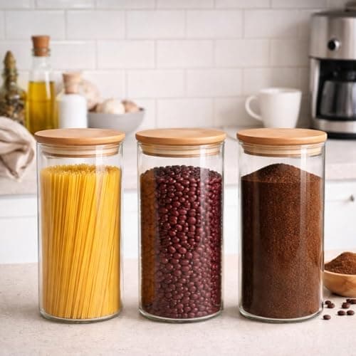Kit 03 Potes Herméticos de Mantimentos 1000ml Pote Redondo de Vidro com Tampa De Bambu Premium