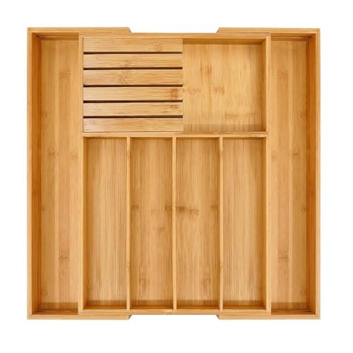 Porta talheres de bambu – Organizador de gaveta para utensílios e talheres, ajustável, até 7 divisórias, porta facas removível - Porta Talher para Cozinha
