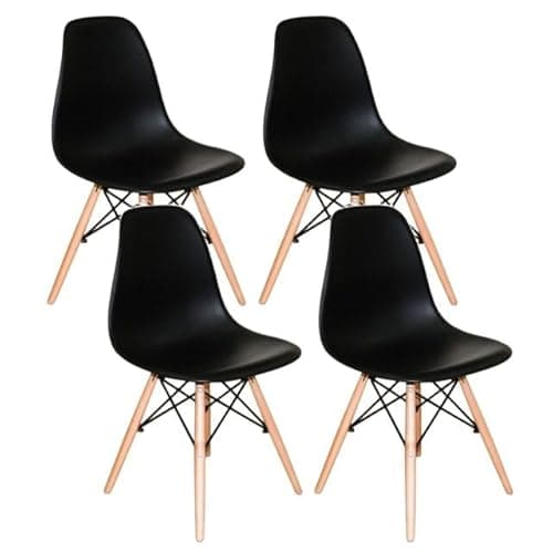 Kit 4 Cadeiras Eiffel Charles Eames DSW – Polipropileno Preto e Base de Madeira Clara – Sala de Jantar, Cozinha ou Escritório (Preto)