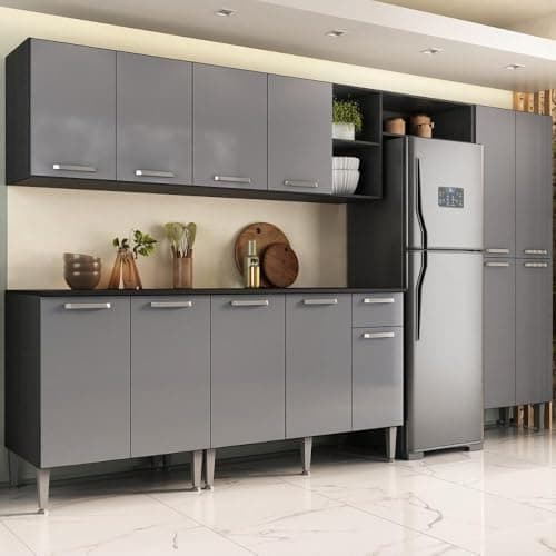 Multimóveis Armário Cozinha Modulada Completa 298cm Pequim Top MP3769 Preto/Lacca Fumê