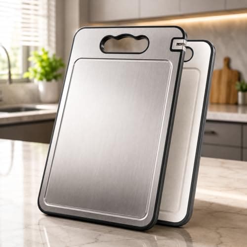 Tábua de Corte para Cozinha Dupla Face Aço Inoxidável e PP, Superfície Higiênica para Carnes, Frutas e Vegetais, Afiador Integrado, Canaletas Antirrespingo, Base Antiderrapante e Alça Ergonômica