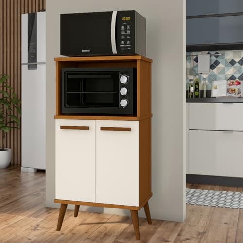 Armario Multiuso Microondas Forno com Portas e Divisorias de Garrafas (Cedro/Off)