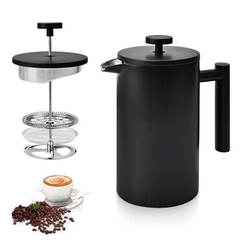 Cafeteira De Prensa Francesa De Aço Inoxidável 304, Cafeteira De Prensa Francesa De 1000ML Com Filtro De 3 Camadas, Preta