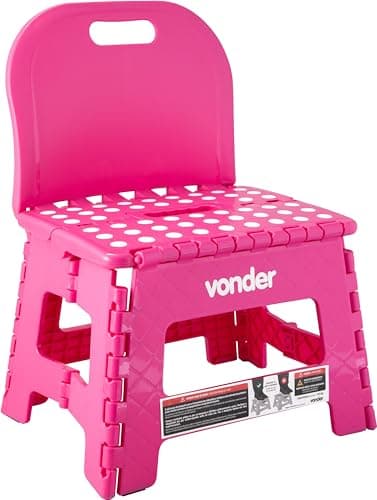Vonder, Banqueta Plástica Dobrável, Altura 220 mm, Com Encosto, Rosa.