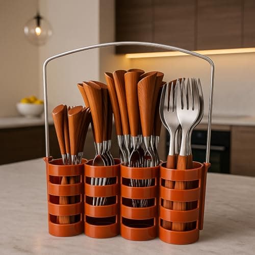 Conjunto de Talheres 24 Peças com Suporte | Facas, Garfos, Colheres e suporte | Inox Resistente para o dia a dia |Cabo Estilo Madeira (Material Sintético)