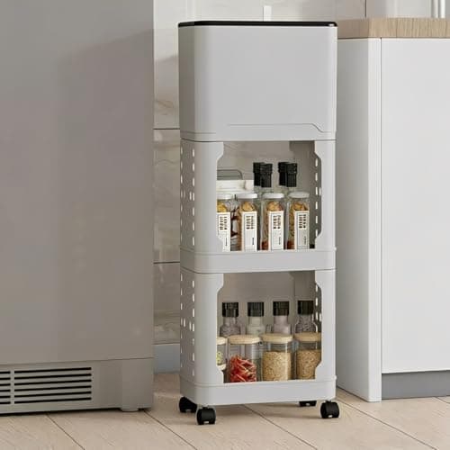Lixeira de Cozinha Alta com Rodízios e Prateleiras - Cesto 9L com Tampa Deslizante - Organizador Estreito em PP - Design Ergonômico para Cantos e Frestas - Inclui Ganchos e Sacos de Lixo (Cinza)