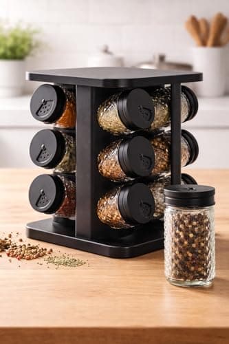 Porta Temperos Giratório com 12 Potes de Vidro Diamond, Tampa Dosadora Ajustável, Organizador de Condimentos, Suporte Giratório Cozinha, Porta Condimentos Preto