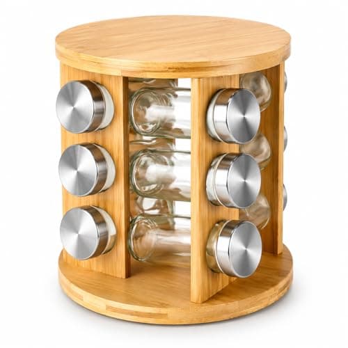 Porta Temperos Giratório em Bambu com 12 Potes de Vidro 90ml e Tampa Inox, Organizador de Condimentos Moderno para Cozinha, Suporte para Temperos e Especiarias
